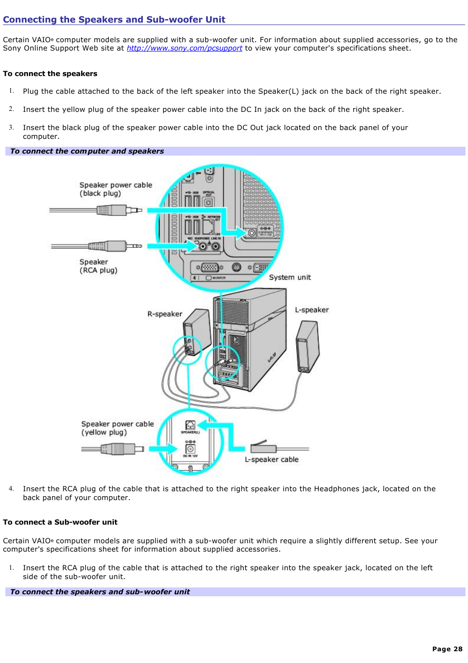 Connecting the speakers and sub-woofer unit | Sony VGC-RA716GY User Manual | Page 28 / 262