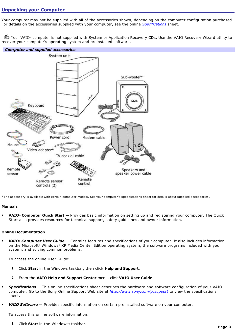 Unpacking your computer | Sony VGC-RA716GY User Manual | Page 3 / 262