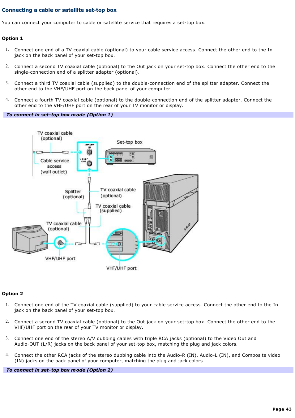 Connecting a cable or satellite set-top box | Sony VGC-RA716GY User Manual | Page 43 / 262