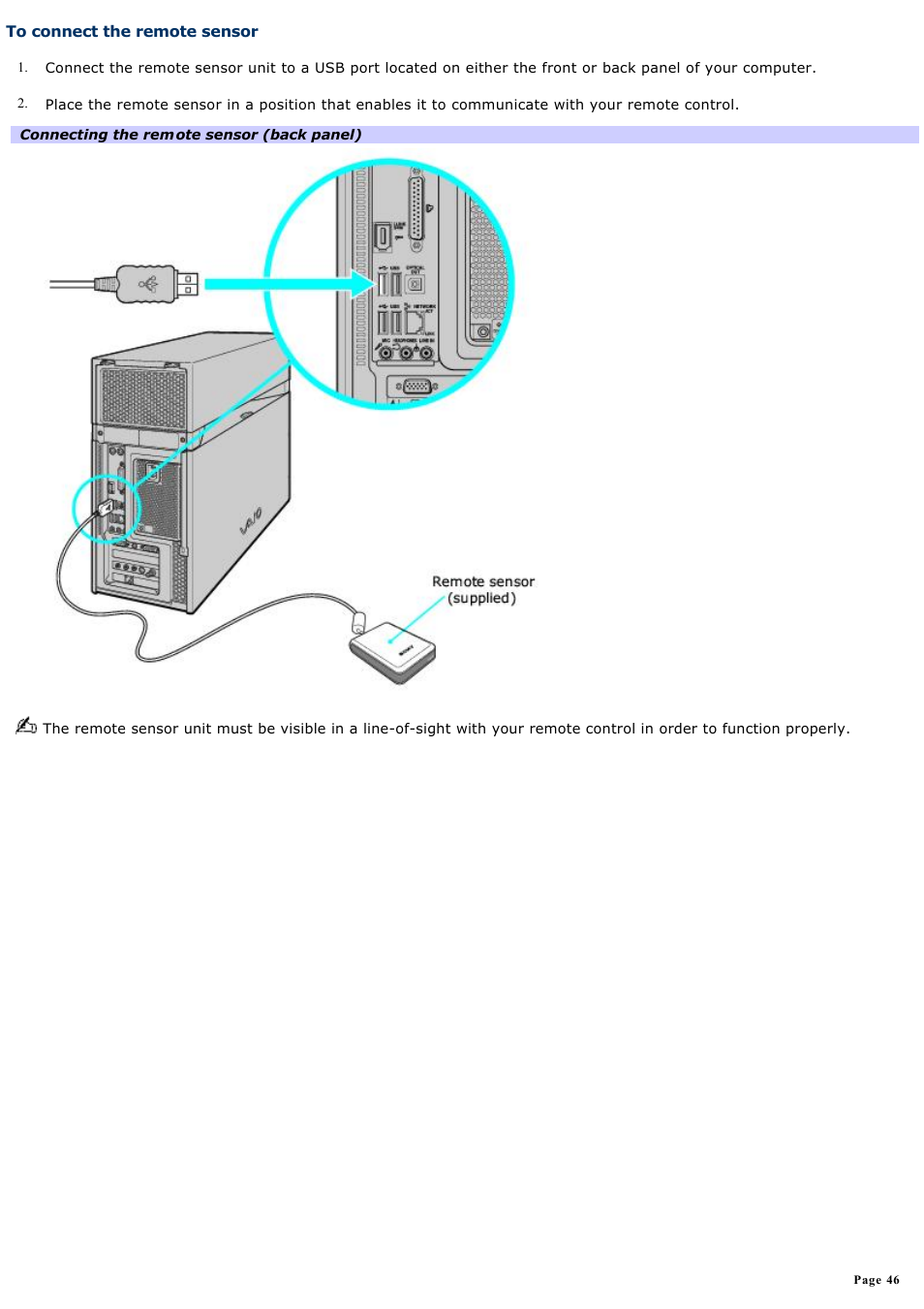 To connect the remote sensor | Sony VGC-RA716GY User Manual | Page 46 / 262