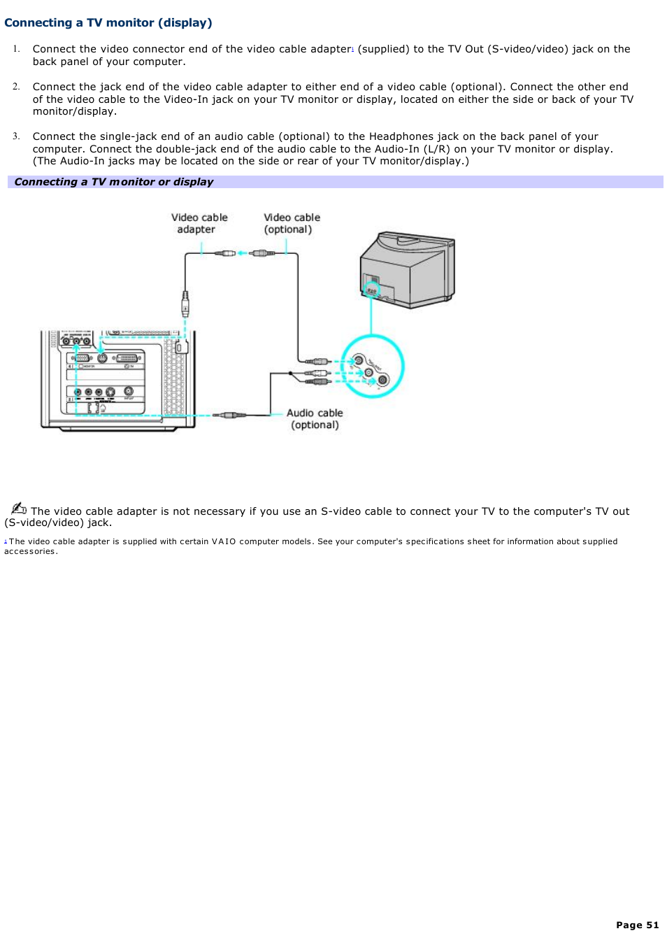 Connecting a tv monitor (display) | Sony VGC-RA716GY User Manual | Page 51 / 262