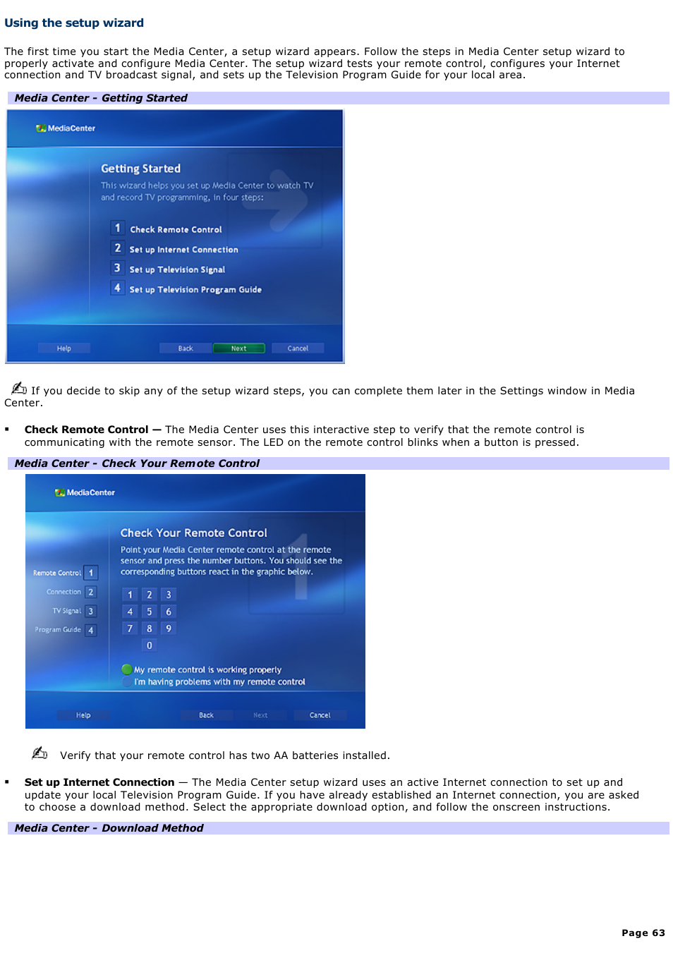Using the setup wizard | Sony VGC-RA716GY User Manual | Page 63 / 262