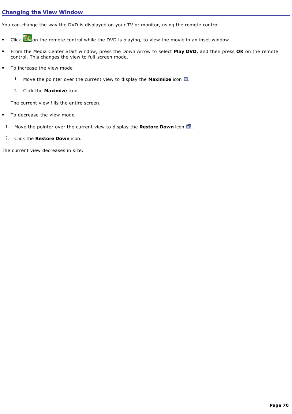 Changing the view window | Sony VGC-RA716GY User Manual | Page 70 / 262