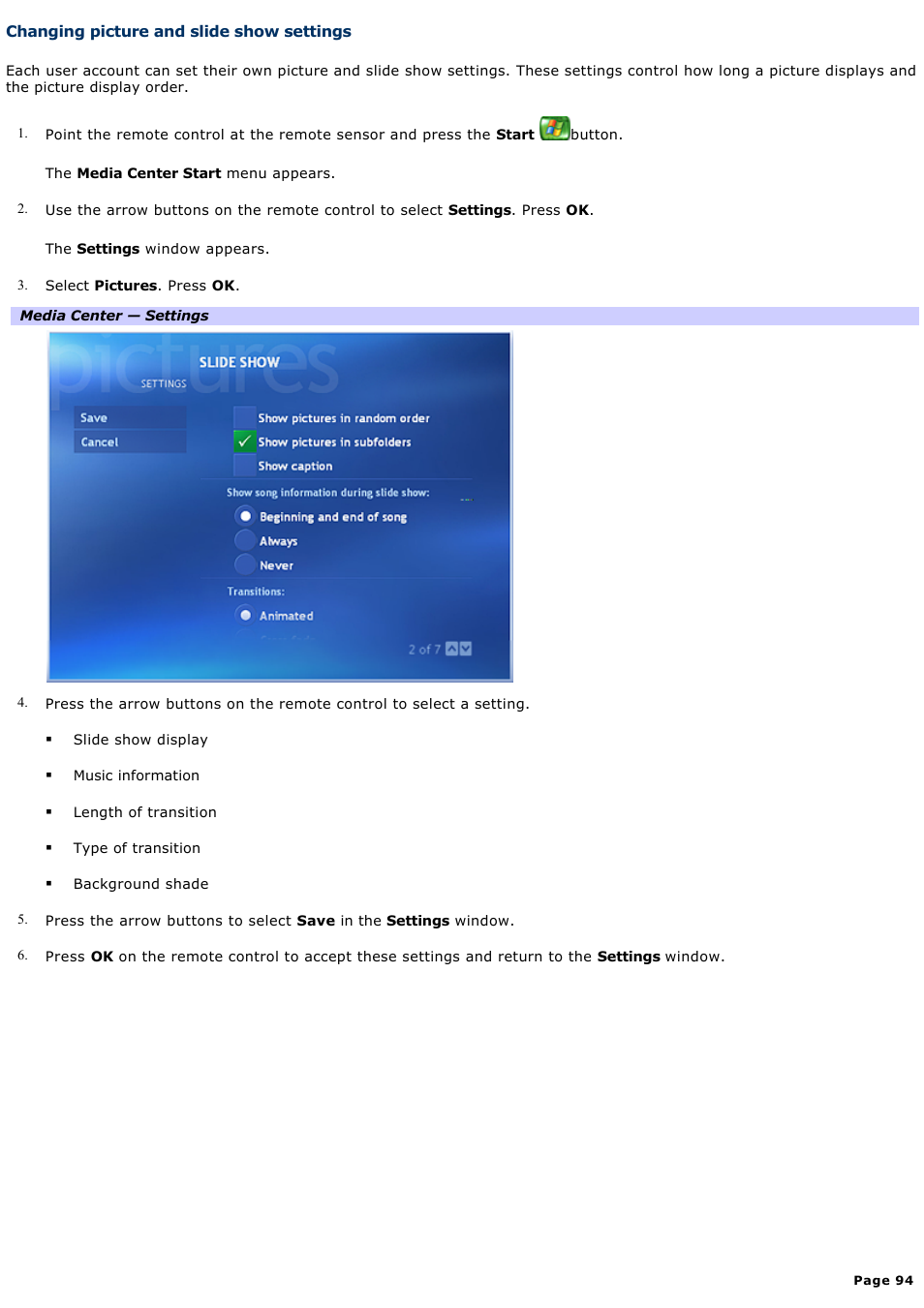 Changing picture and slide show settings | Sony VGC-RA716GY User Manual | Page 94 / 262