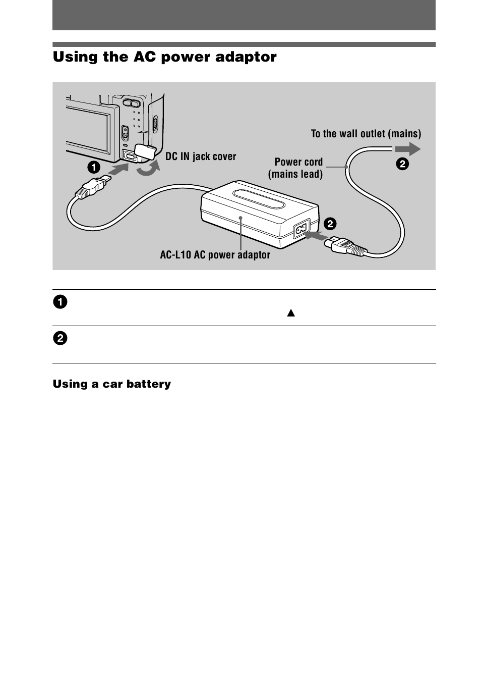 Using the ac power adaptor, 12 using the ac power adaptor | Sony DSC-S30 User Manual | Page 12 / 68