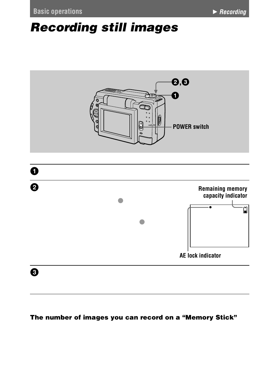 Basic operations, Recording still images | Sony DSC-S30 User Manual | Page 16 / 68