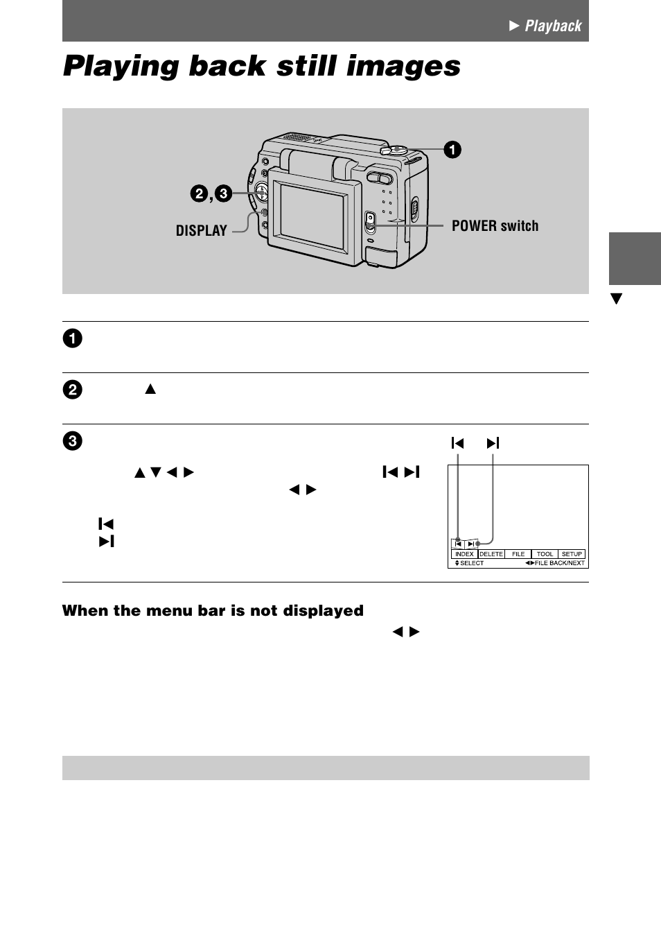 Playing back still images | Sony DSC-S30 User Manual | Page 21 / 68