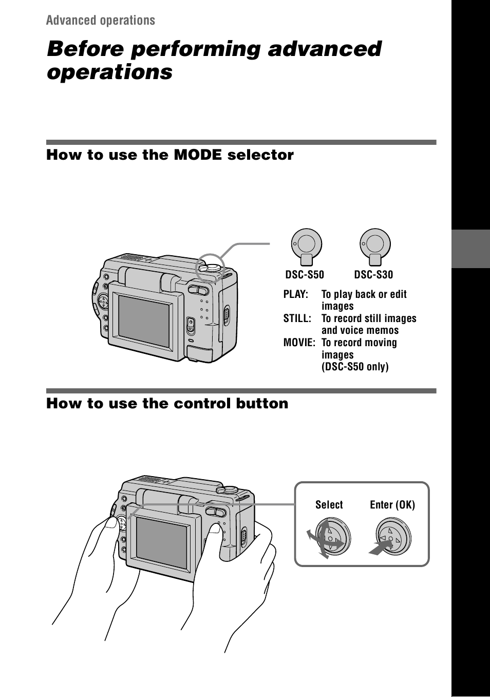 Advanced operations, How to use the mode selector, How to use the control button | Before performing advanced operations | Sony DSC-S30 User Manual | Page 29 / 68