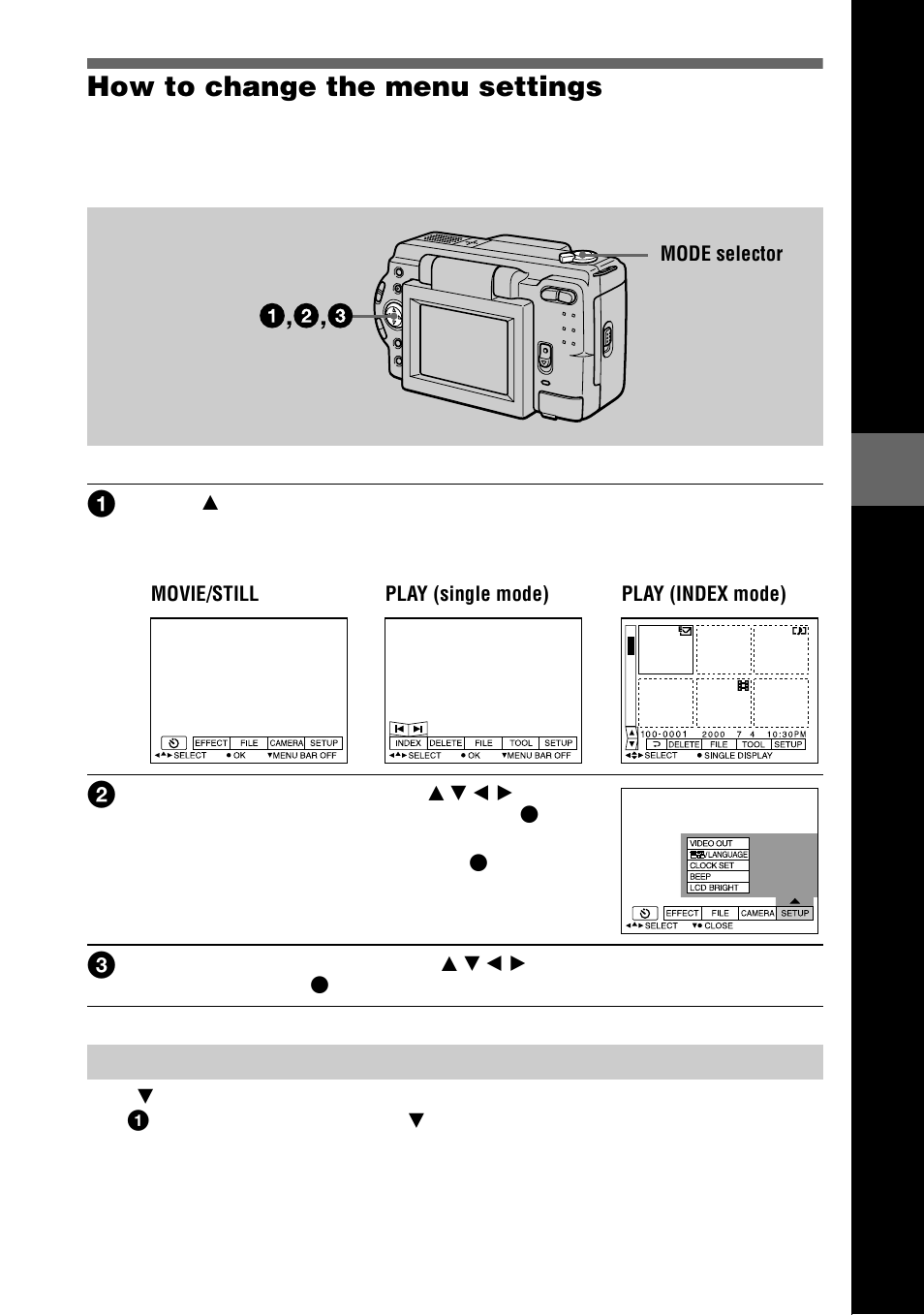 How to change the menu settings, To clear the menu, 31 how to change the menu settings | Sony DSC-S30 User Manual | Page 31 / 68