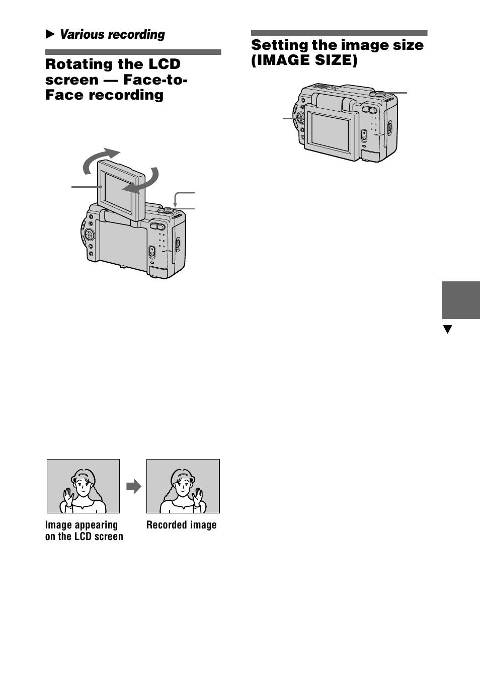 Rotating the lcd screen — face-to- face recording, Setting the image size (image size), Rotating the lcd screen | Face-to-face recording, Setting the image size, Image size) | Sony DSC-S30 User Manual | Page 37 / 68