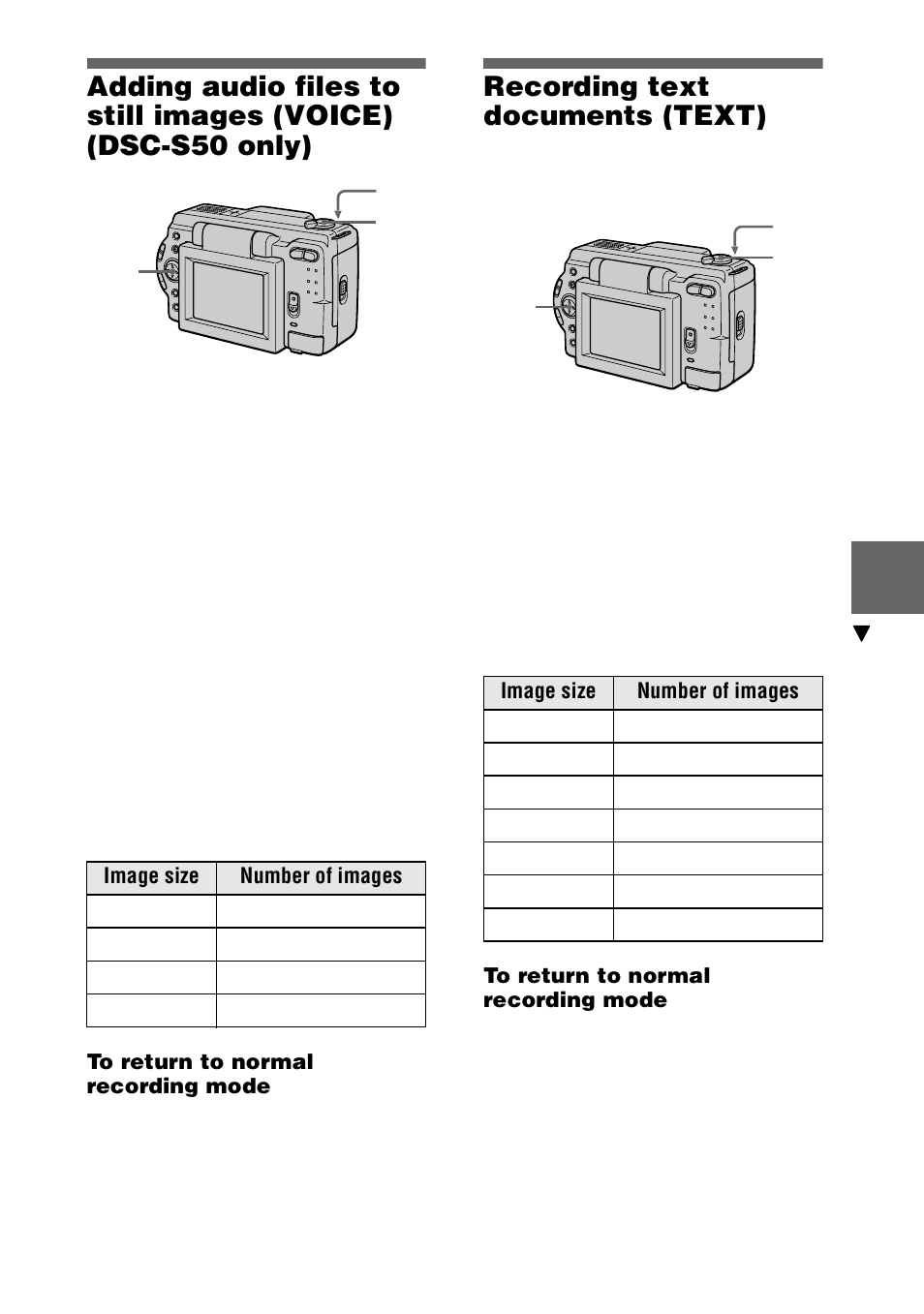Recording text documents (text), Adding audio files to still images, Voice) (dsc-s50 only) | Sony DSC-S30 User Manual | Page 39 / 68
