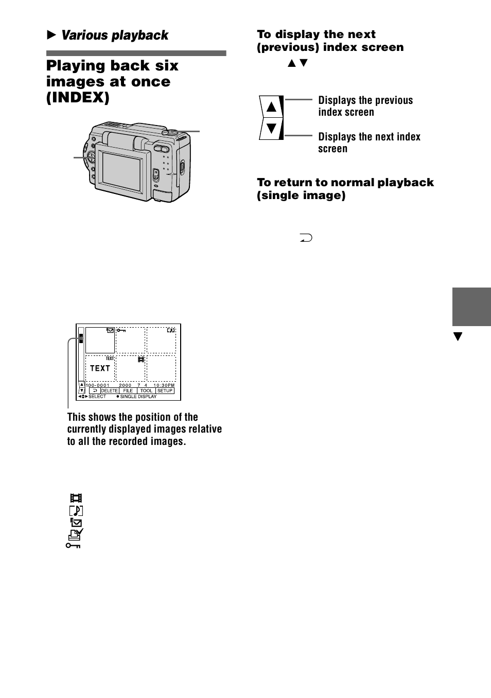 Playing back six images at once (index), B various playb, Playing back six images at once | Index) | Sony DSC-S30 User Manual | Page 45 / 68