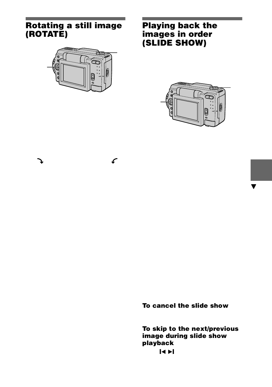 Rotating a still image (rotate), Playing back the images in order (slide show), Playing back the images in order | Slide show), 47 rotating a still image (rotate) | Sony DSC-S30 User Manual | Page 47 / 68