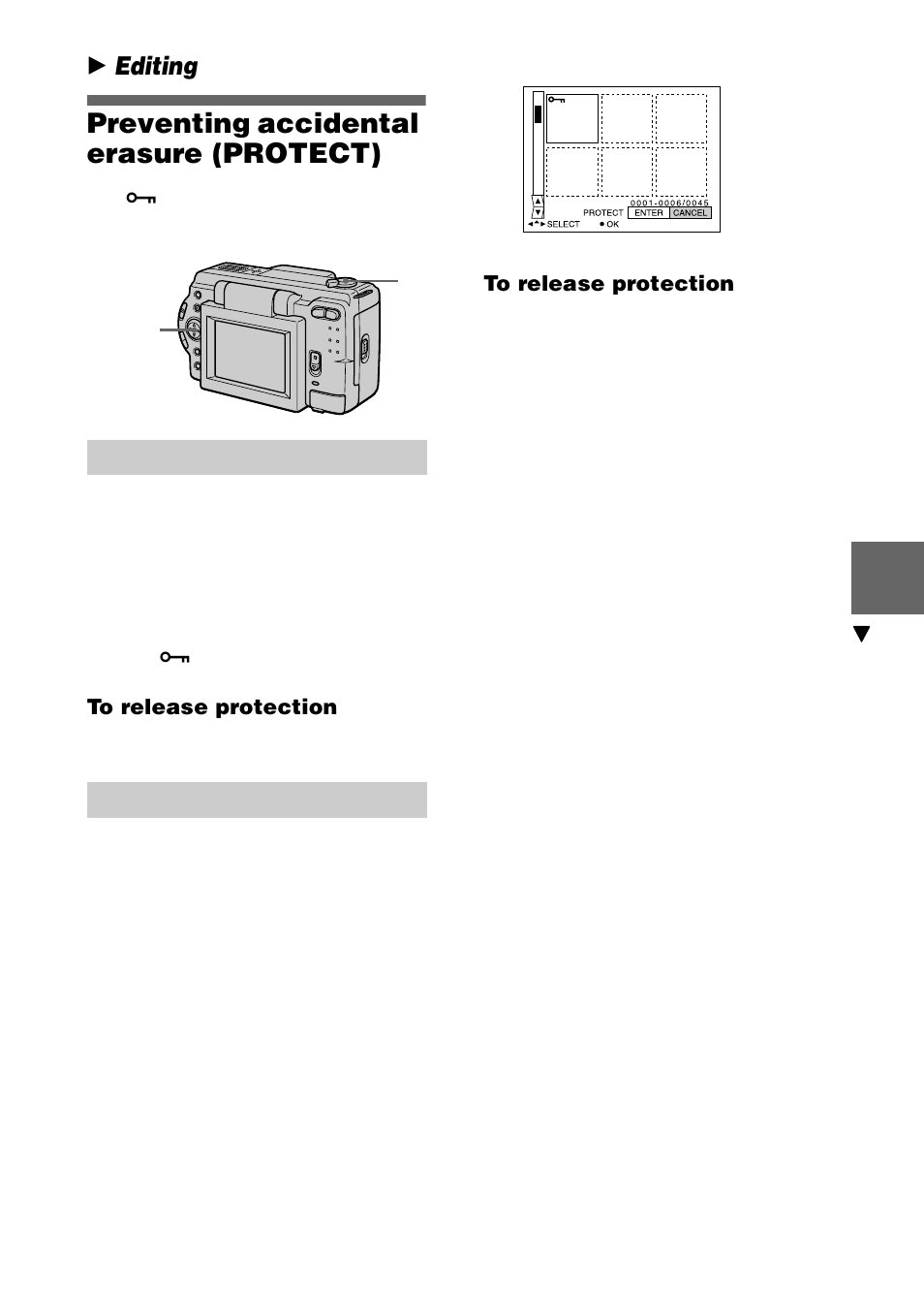 Preventing accidental erasure (protect), In single mode, In index mode | B editing, Preventing accidental erasure, Protect) | Sony DSC-S30 User Manual | Page 49 / 68
