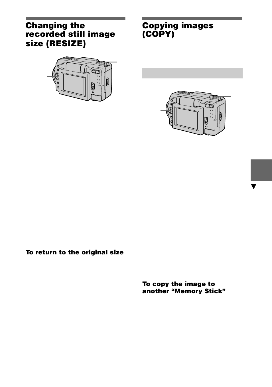 Changing the recorded still image size (resize), Copying images (copy), In single mode | Changing the recorded still image size, Resize), 51 changing the recorded still image size (resize) | Sony DSC-S30 User Manual | Page 51 / 68