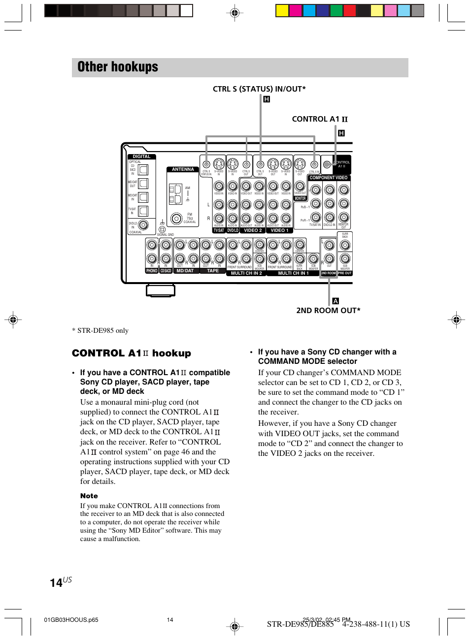 Other hookups, Control a1 hookup, Ctrl s (status) in/out* control a1 | 2nd room out, Str-de985 only | Sony STR-DE985 User Manual | Page 14 / 71