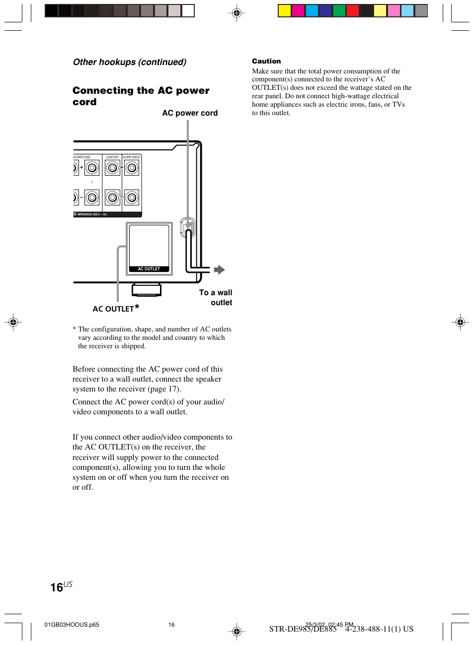 Connecting the ac power cord, Other hookups (continued) | Sony STR-DE985 User Manual | Page 16 / 71