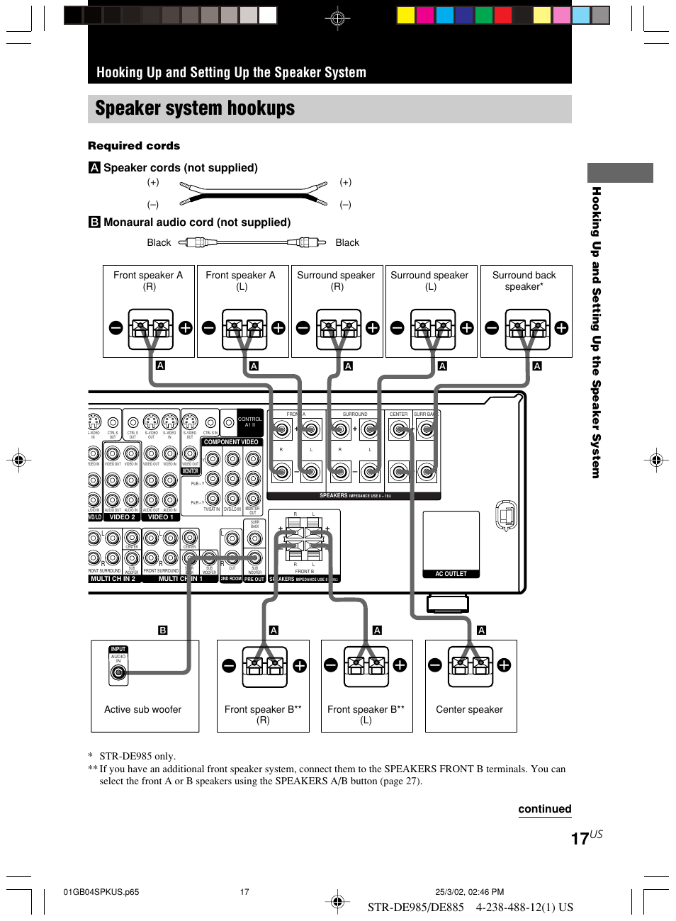 Hooking up and setting up the speaker system, Speaker system hookups, Required cords a speaker cords (not supplied) | B monaural audio cord (not supplied), Continued | Sony STR-DE985 User Manual | Page 17 / 71