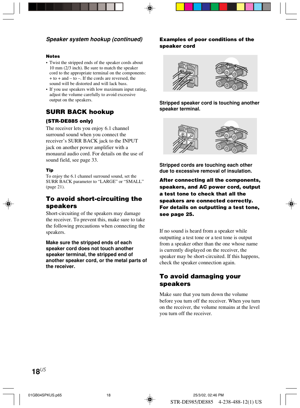 Surr back hookup | Sony STR-DE985 User Manual | Page 18 / 71