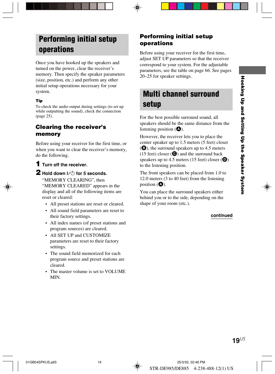 Multi channel surround setup, Performing initial setup operations | Sony STR-DE985 User Manual | Page 19 / 71