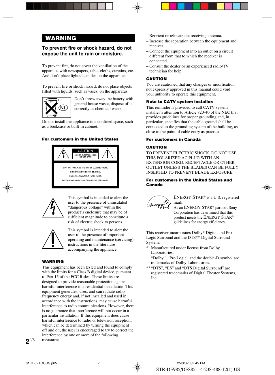 Warning | Sony STR-DE985 User Manual | Page 2 / 71