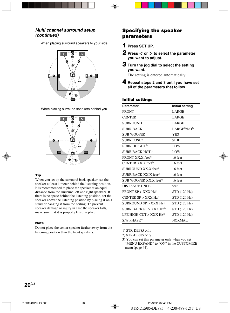 Specifying the speaker parameters, Multi channel surround setup (continued) | Sony STR-DE985 User Manual | Page 20 / 71