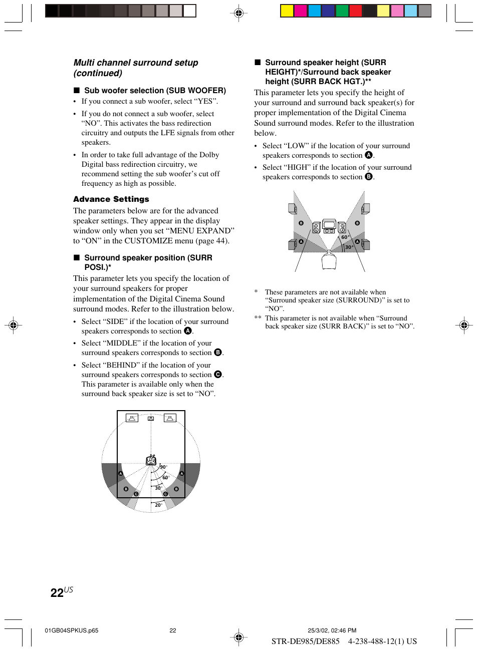 Multi channel surround setup (continued) | Sony STR-DE985 User Manual | Page 22 / 71