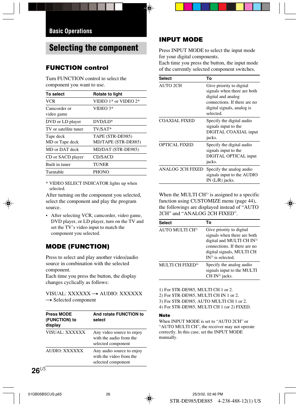 Basic operations, Selecting the component, Function control | Mode (function), Input mode | Sony STR-DE985 User Manual | Page 26 / 71