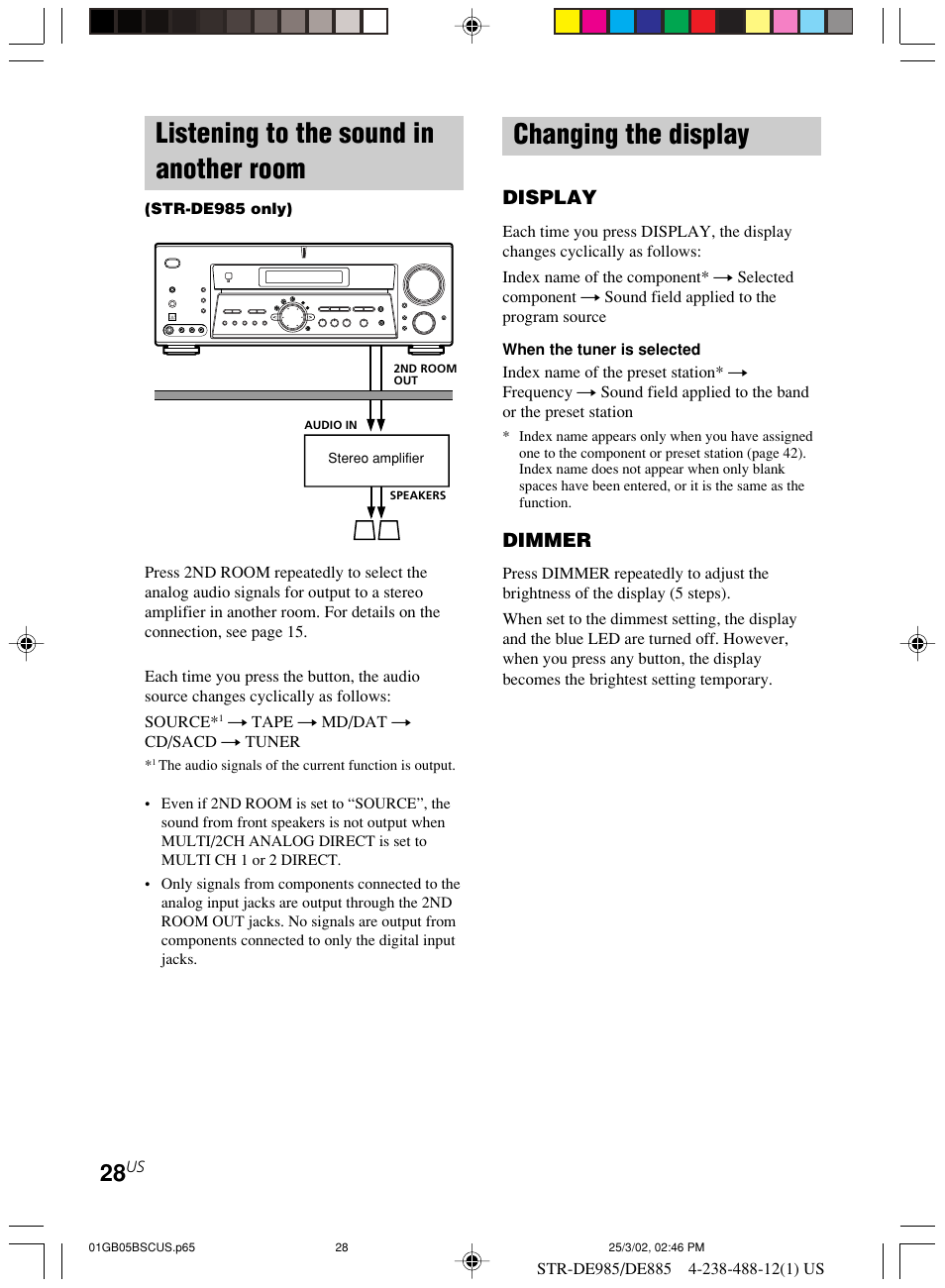 Listening to the sound in, Another room, Changing the display | Listening to the sound in another room, Display, Dimmer | Sony STR-DE985 User Manual | Page 28 / 71