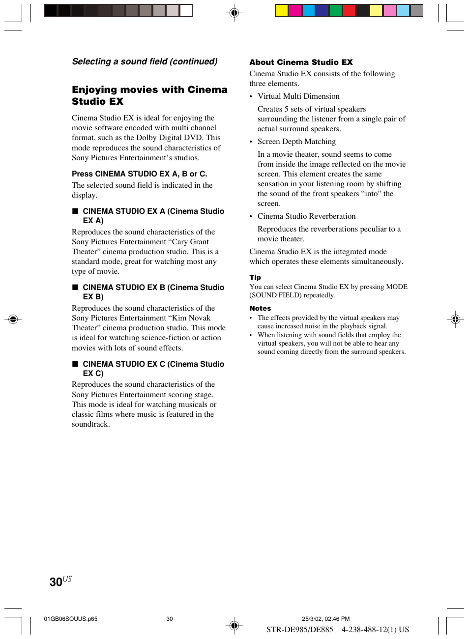Enjoying movies with cinema studio ex | Sony STR-DE985 User Manual | Page 30 / 71