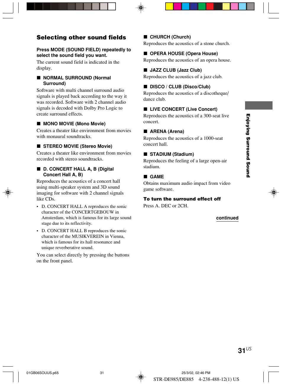 Selecting other sound fields | Sony STR-DE985 User Manual | Page 31 / 71