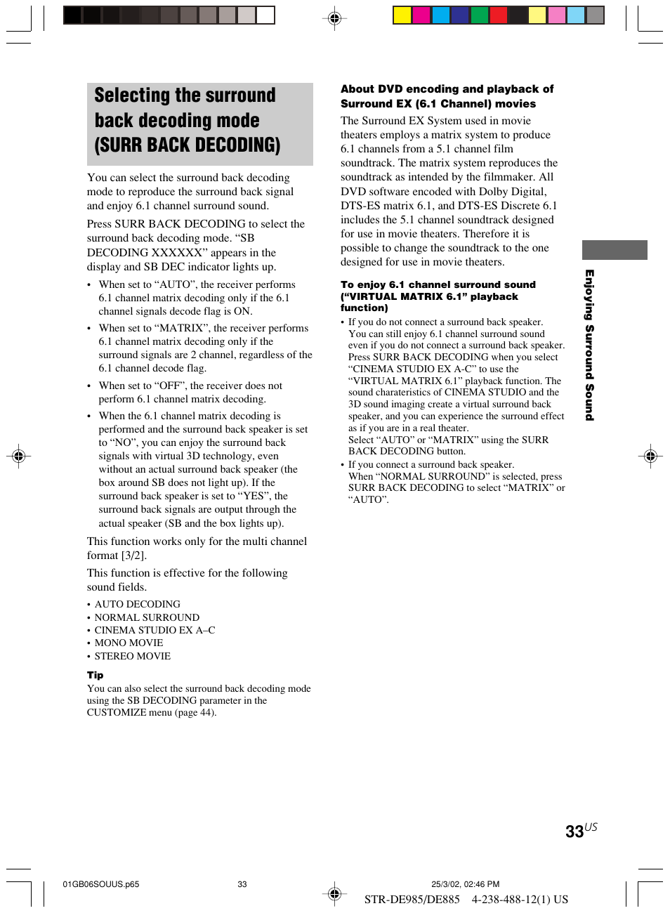 Selecting the surround back decoding, Mode (surr back decoding) | Sony STR-DE985 User Manual | Page 33 / 71