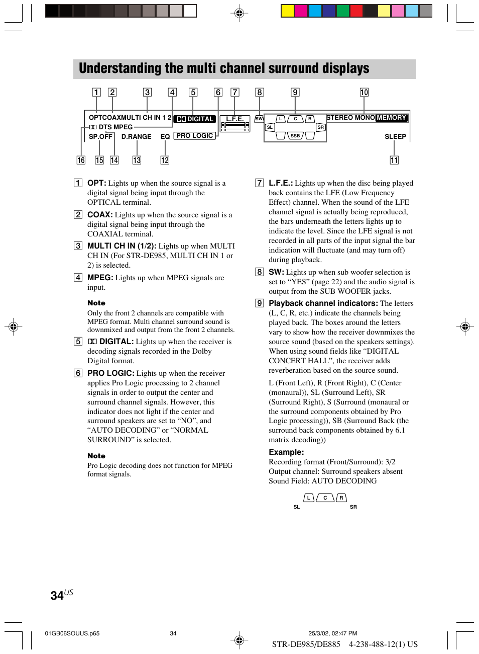 Understanding the multi channel, Surround displays, Understanding the multi channel surround displays | Sony STR-DE985 User Manual | Page 34 / 71