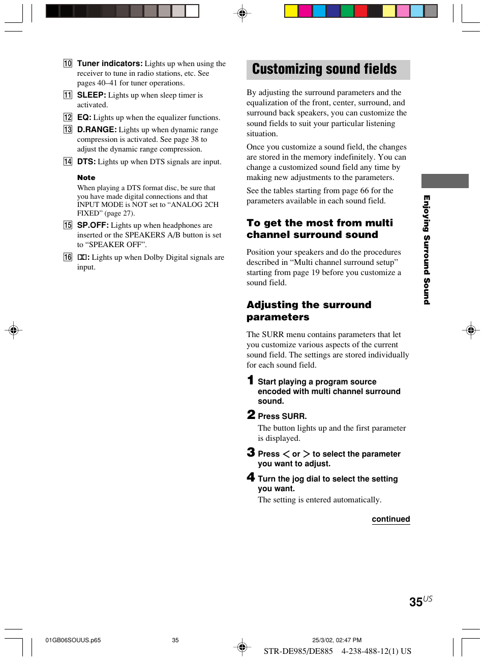 Customizing sound fields | Sony STR-DE985 User Manual | Page 35 / 71