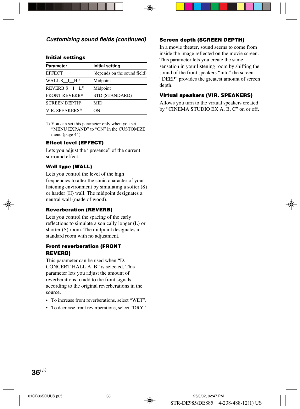 Customizing sound fields (continued) | Sony STR-DE985 User Manual | Page 36 / 71