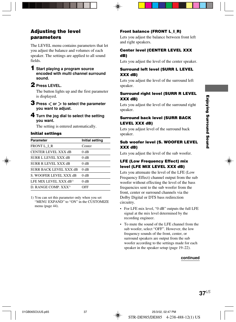 Adjusting the level parameters | Sony STR-DE985 User Manual | Page 37 / 71