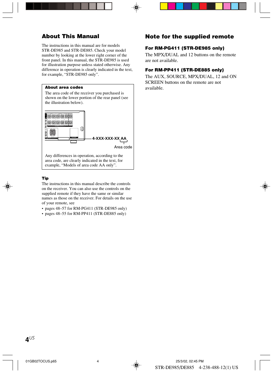 About this manual, About area codes, Area code | Xxx-xxx-xx aa | Sony STR-DE985 User Manual | Page 4 / 71