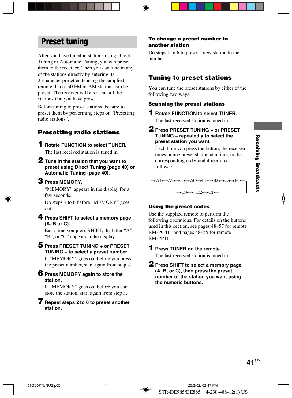 Preset tuning | Sony STR-DE985 User Manual | Page 41 / 71