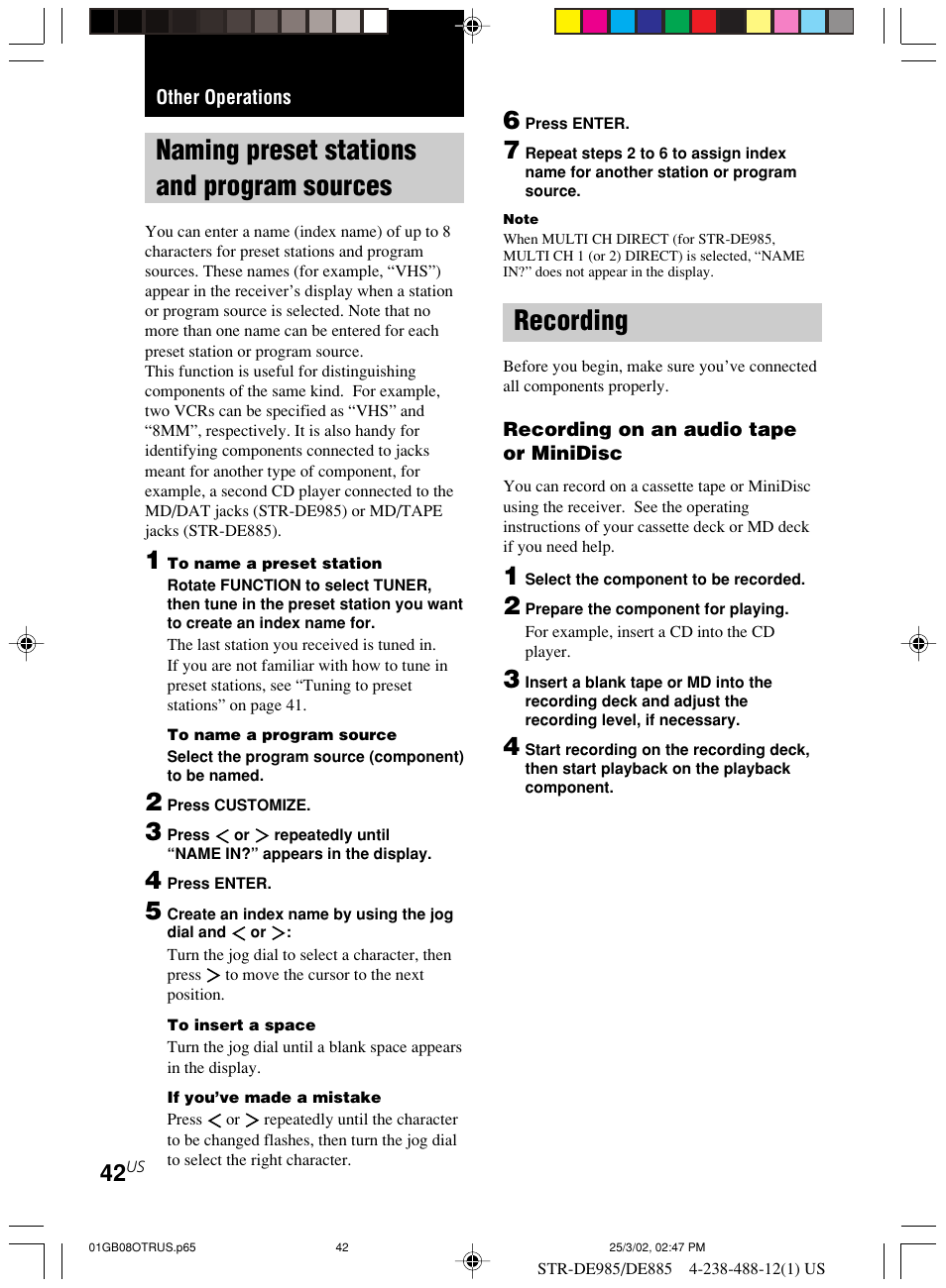 Other operations, Naming preset stations and program, Sources | Recording, Naming preset stations and program sources | Sony STR-DE985 User Manual | Page 42 / 71