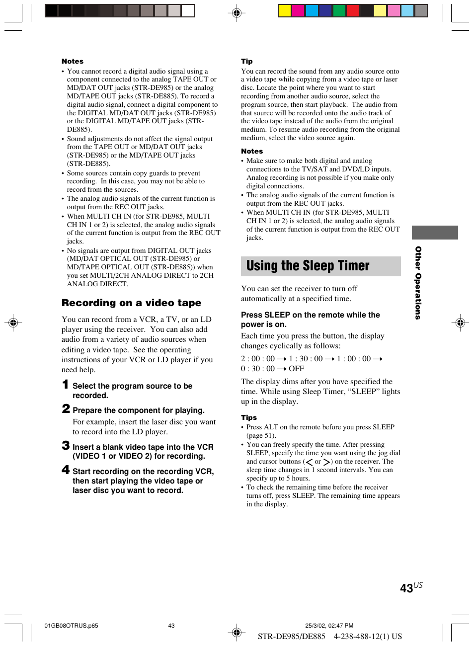 Using the sleep timer, Recording on a video tape | Sony STR-DE985 User Manual | Page 43 / 71