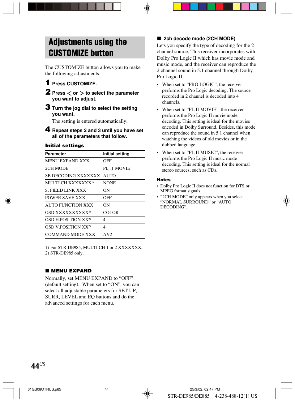 Adjustments using the customize, Button, Adjustments using the customize button | Sony STR-DE985 User Manual | Page 44 / 71