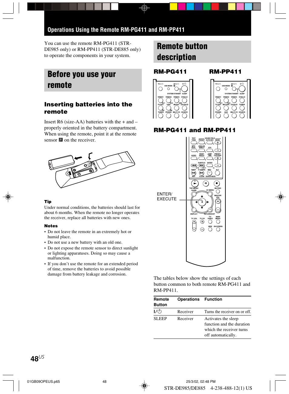 Operations using the remote rm-pg411, And rm-pp411, Before you use your remote | Remote button description, Inserting batteries into the remote, Remote operations function button, Enter/ execute | Sony STR-DE985 User Manual | Page 48 / 71