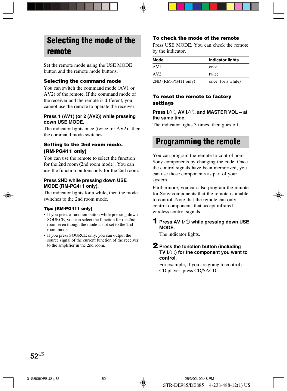 Selecting the mode of the remote, Programming the remote | Sony STR-DE985 User Manual | Page 52 / 71