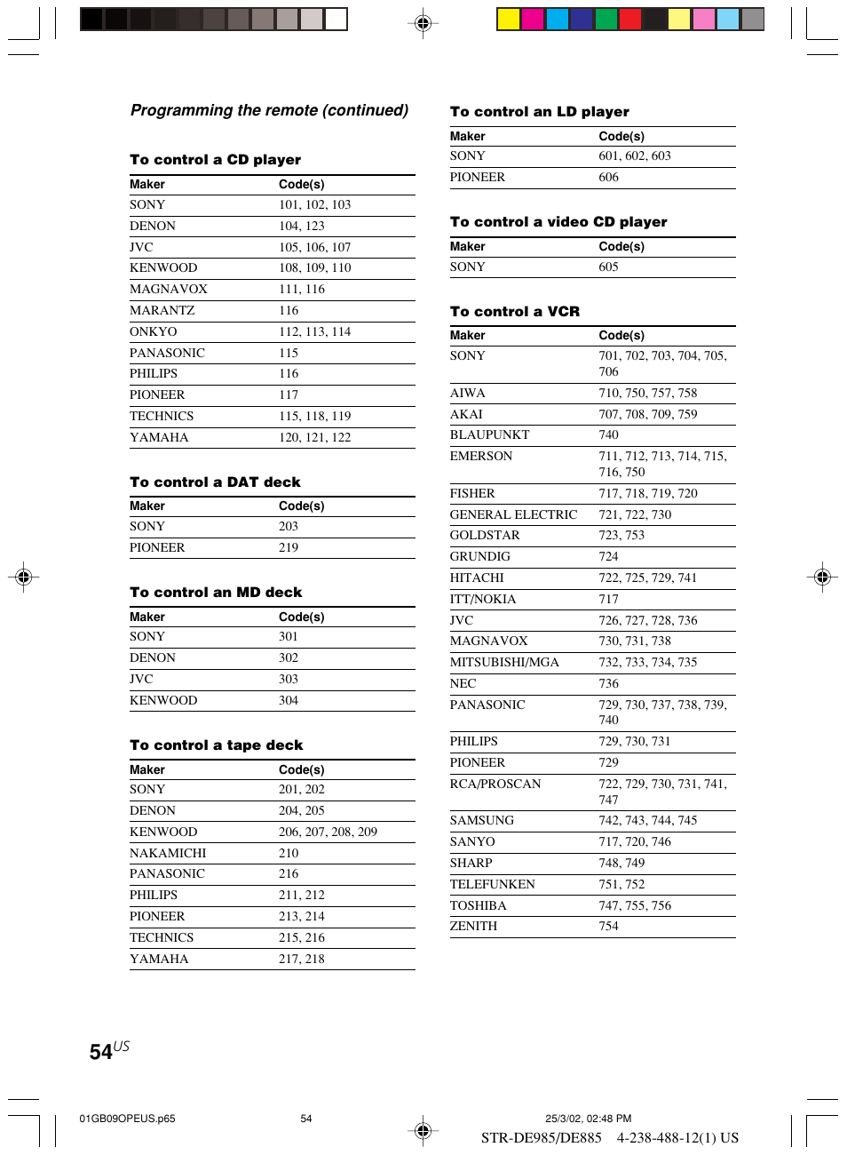 Programming the remote (continued) | Sony STR-DE985 User Manual | Page 54 / 71