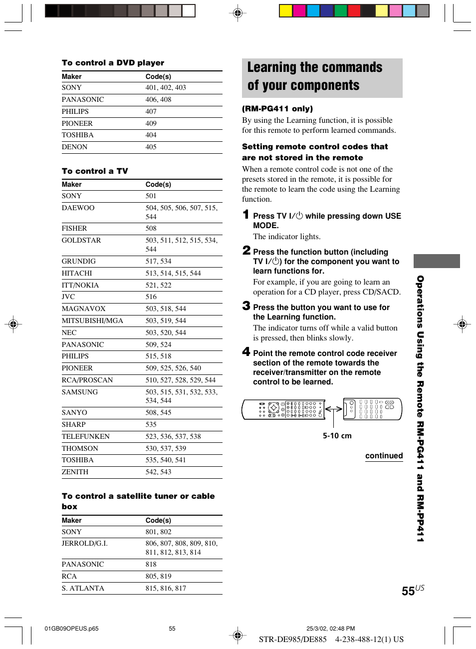 Learning the commands of your, Components, Learning the commands of your components | Sony STR-DE985 User Manual | Page 55 / 71