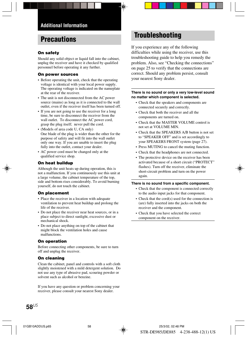 Additional information, Precautions, Troubleshooting | Sony STR-DE985 User Manual | Page 58 / 71
