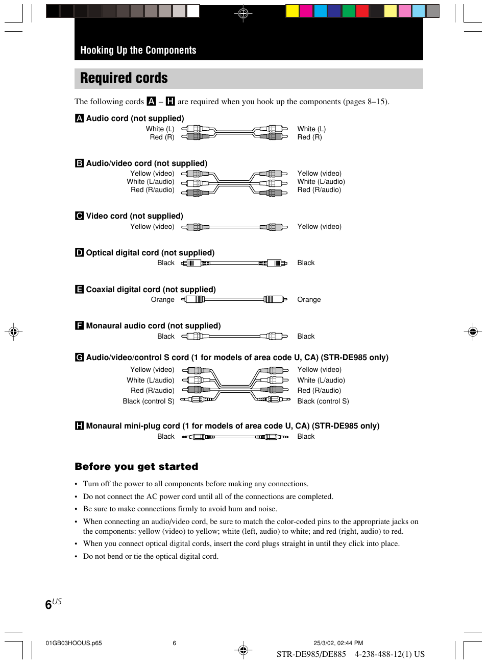 Hooking up the components, Required cords, Before you get started | Sony STR-DE985 User Manual | Page 6 / 71