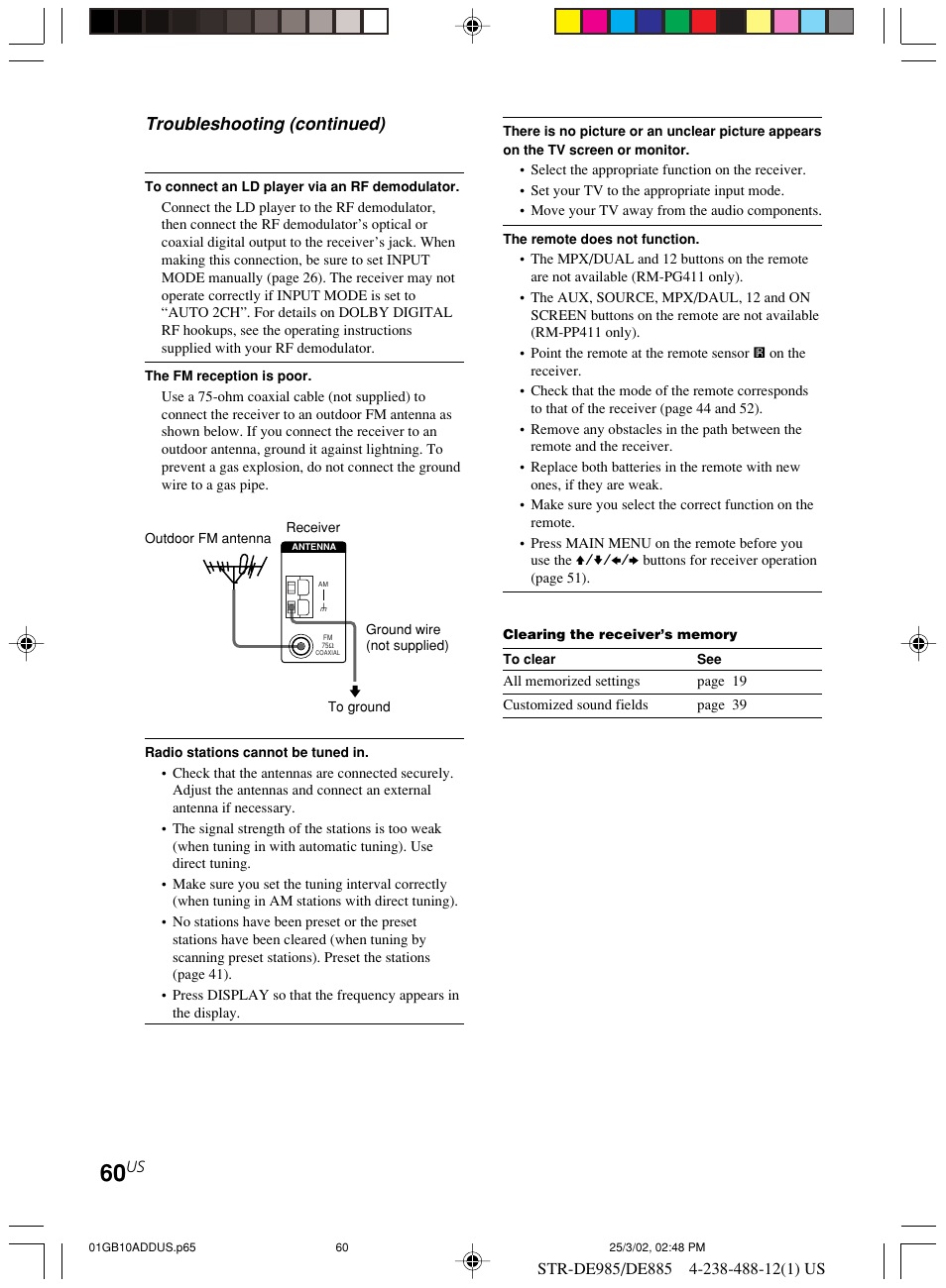 Troubleshooting (continued) | Sony STR-DE985 User Manual | Page 60 / 71