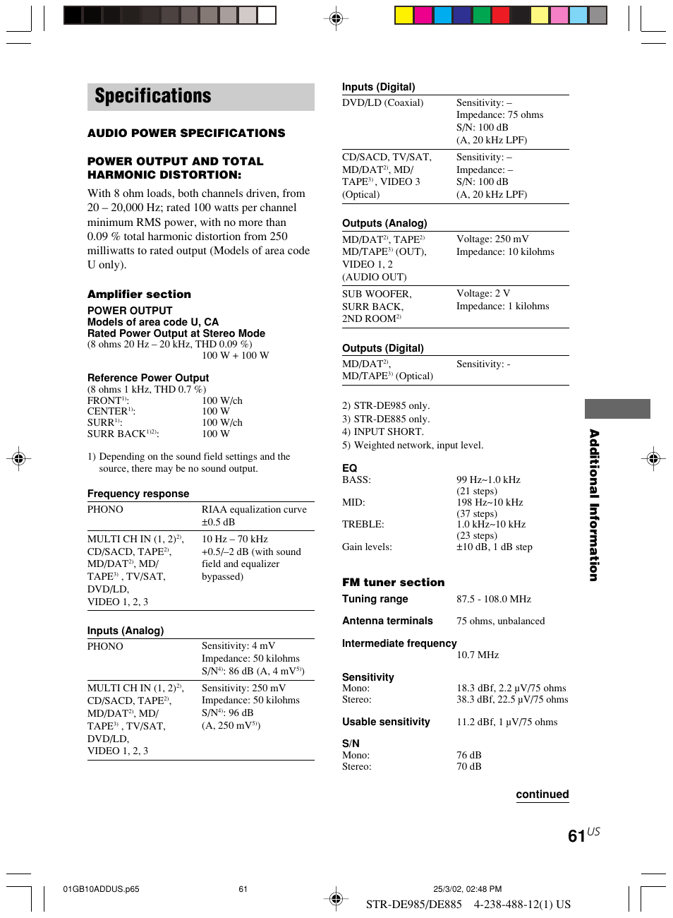 Specifications, Additional information | Sony STR-DE985 User Manual | Page 61 / 71