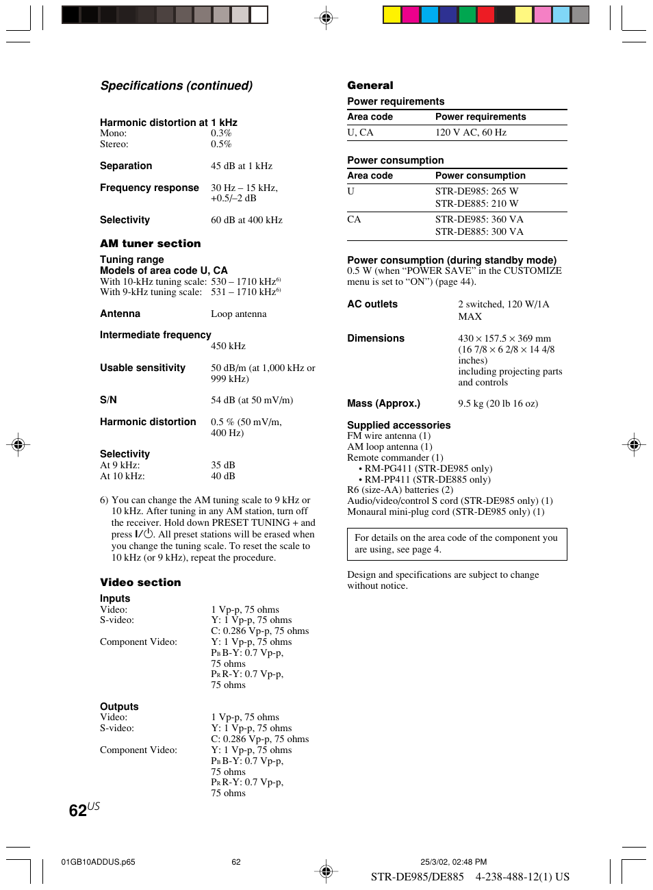 Specifications (continued) | Sony STR-DE985 User Manual | Page 62 / 71